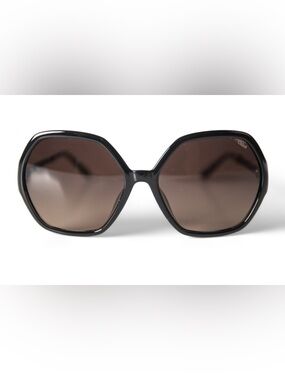 Chloe Italian Sunglasses Black Hexagon Frames Lenses Leather Wrap Arms Oversized